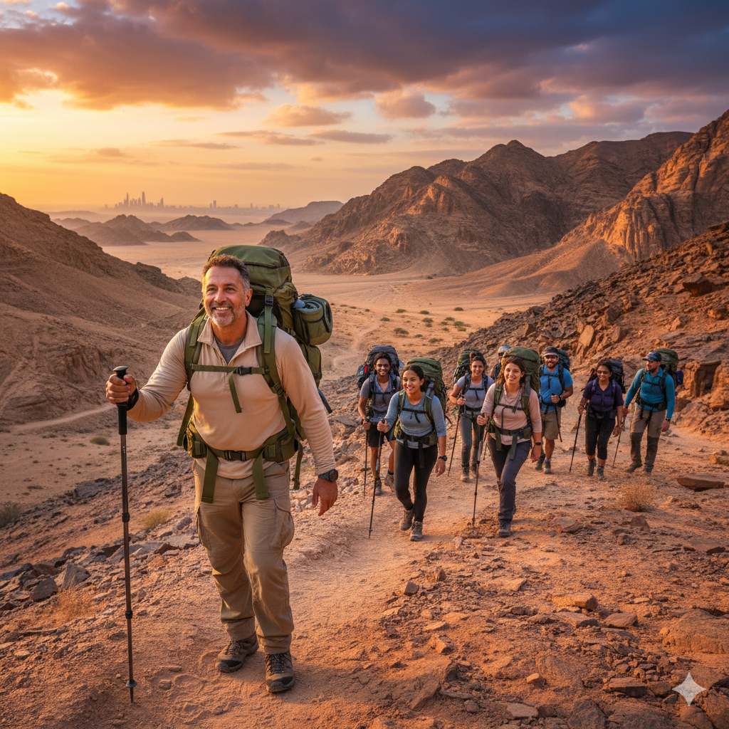 Anoop Keechery hiking in UAE mountains - Active lifestyle and wellness leadership